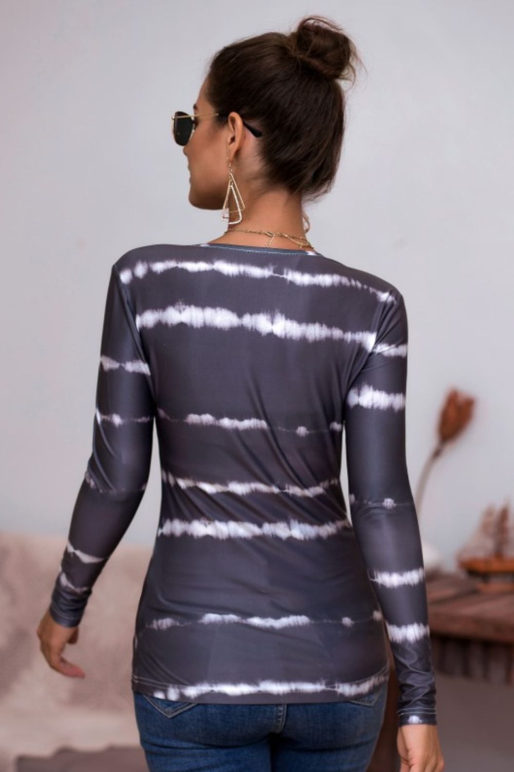 Tie-Dye Plunge Long Sleeve Top - Grace Beauty H&C