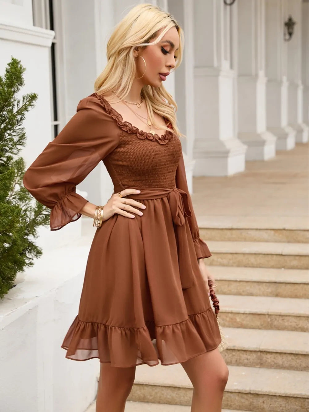 Tie Front Ruffle Hem Smocked Dress - Grace Beauty H&C