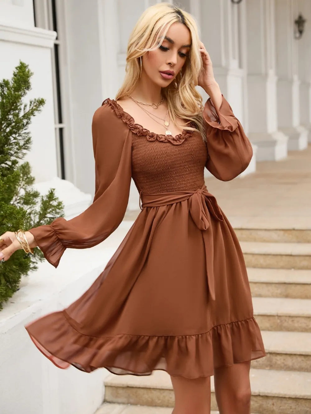 Tie Front Ruffle Hem Smocked Dress - Grace Beauty H&C