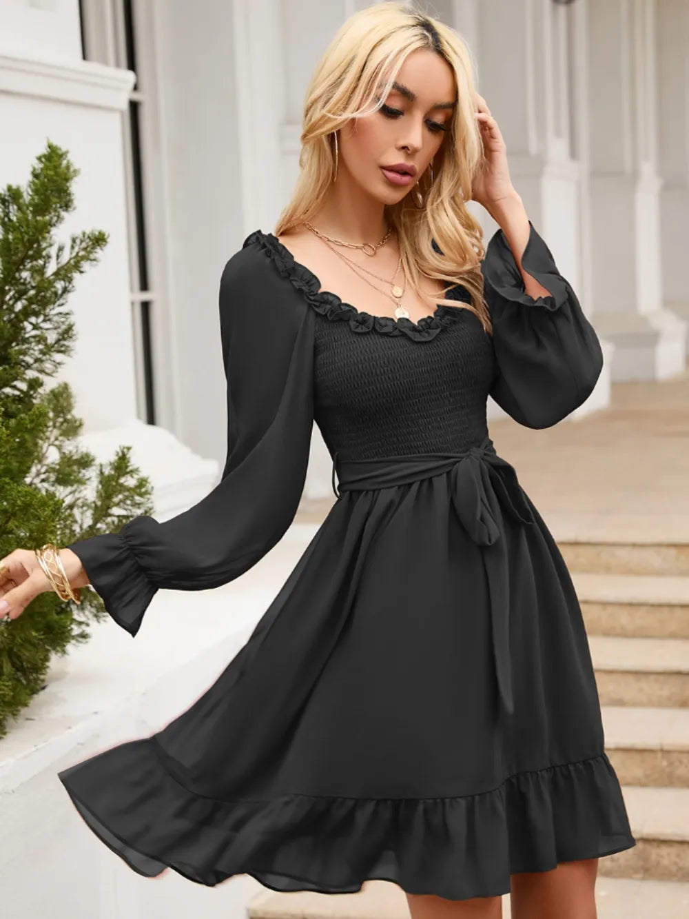 Tie Front Ruffle Hem Smocked Dress - Grace Beauty H&C