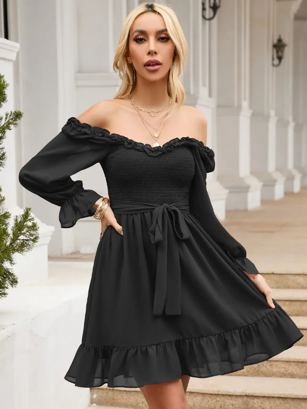 Tie Front Ruffle Hem Smocked Dress - Grace Beauty H&C