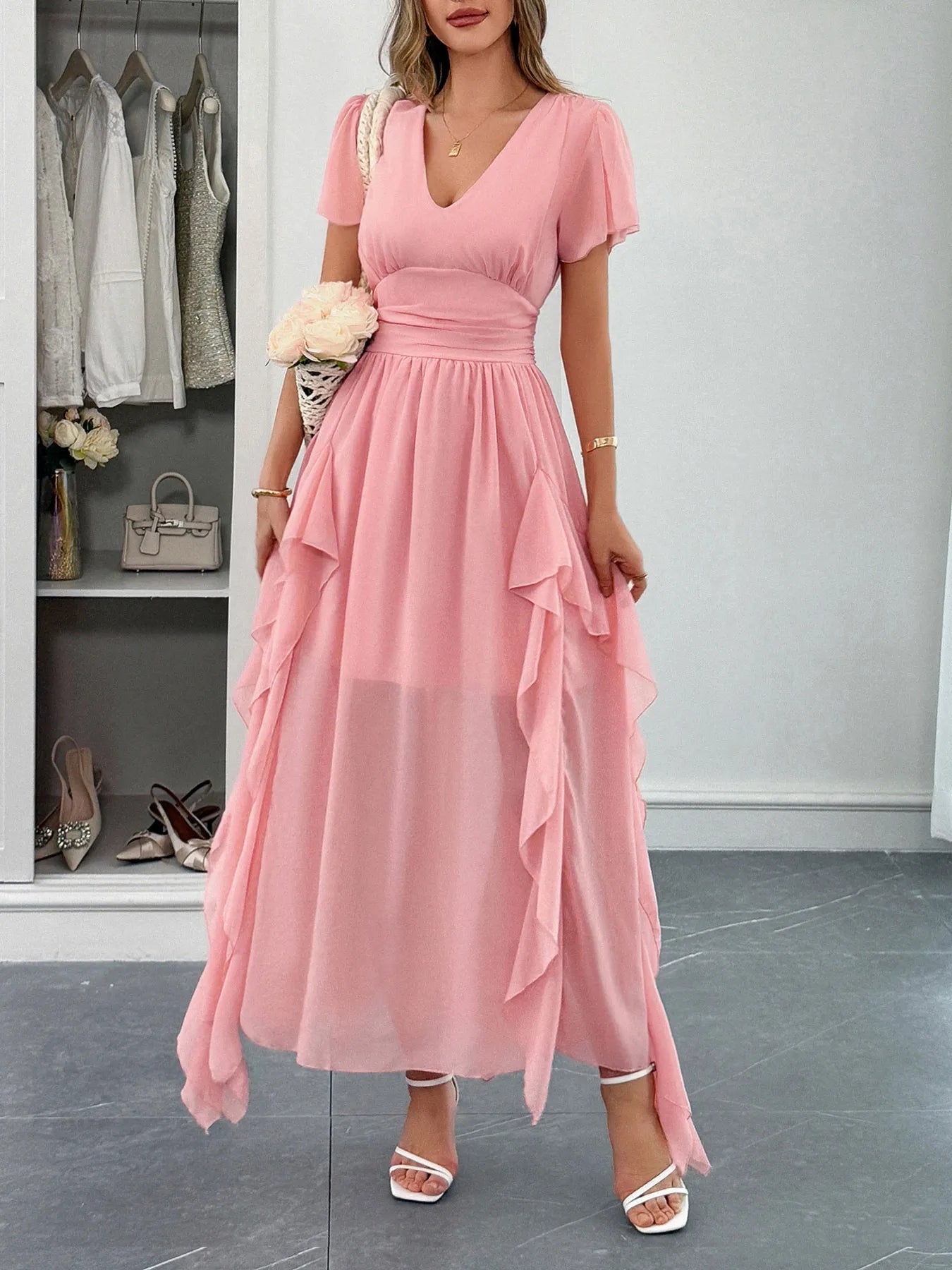V-Neck Flutter Sleeve Dress - Grace Beauty H&C