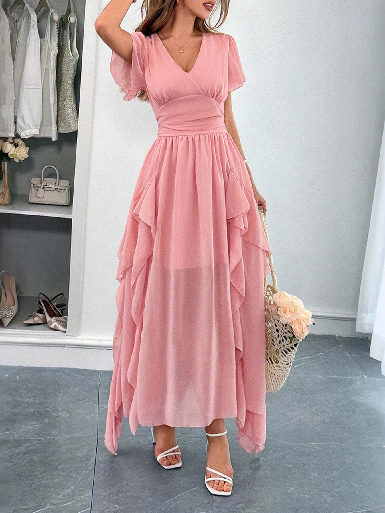V-Neck Flutter Sleeve Dress - Grace Beauty H&C