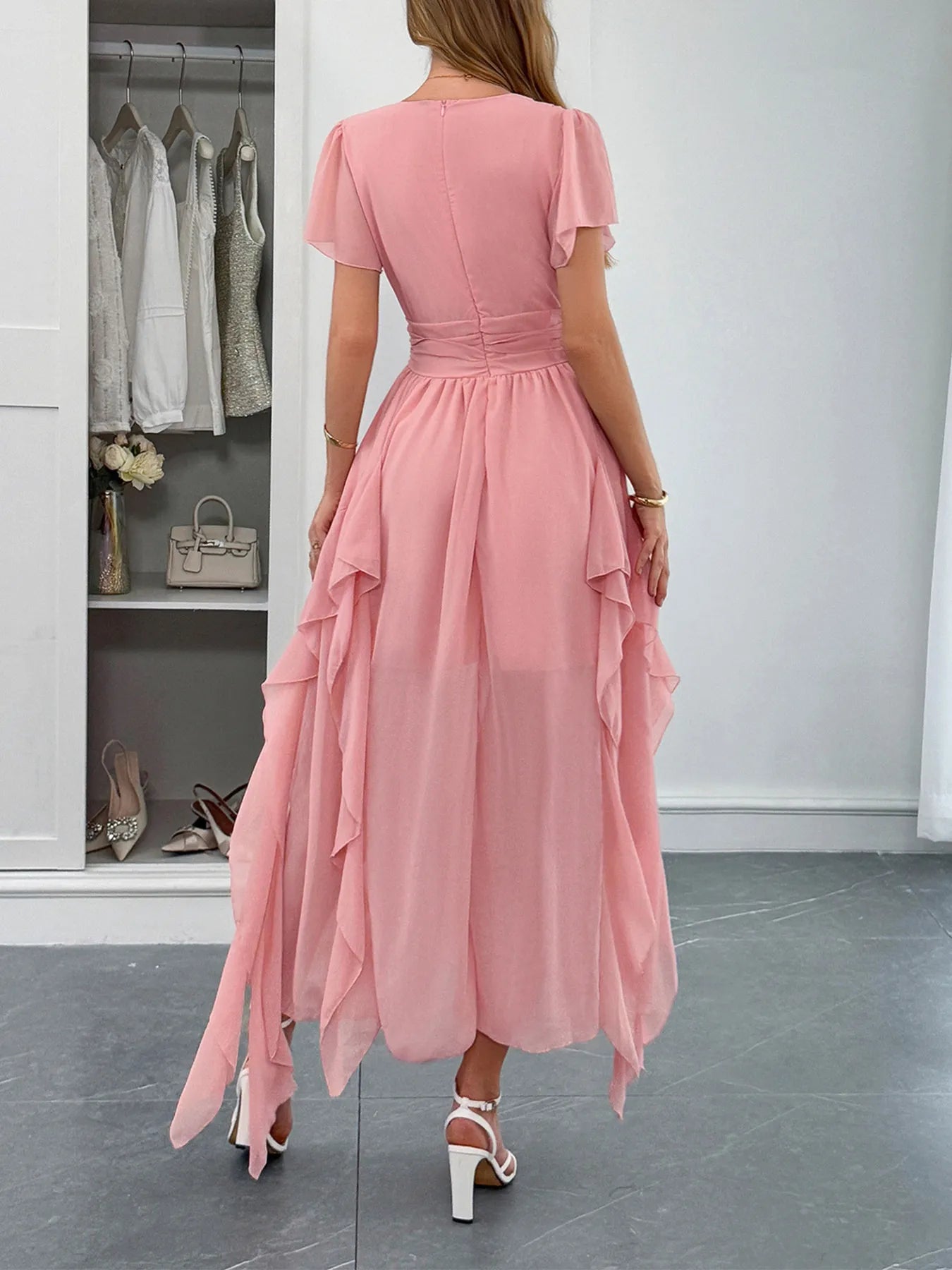 V-Neck Flutter Sleeve Dress - Grace Beauty H&C