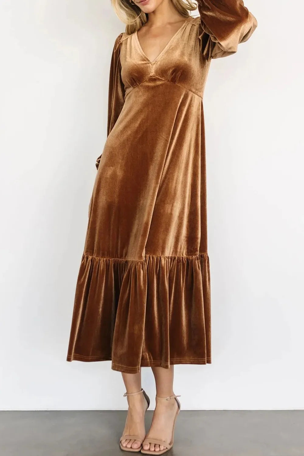V-Neck Long Sleeve Midi Velvet Dress - Grace Beauty H&C