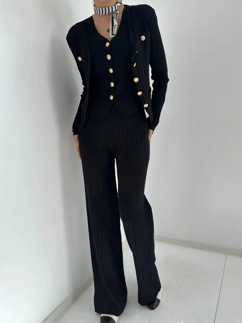V-Neck Tank, Cardigan and Pants Three-Piece Sweater Set - Grace beauty H&C