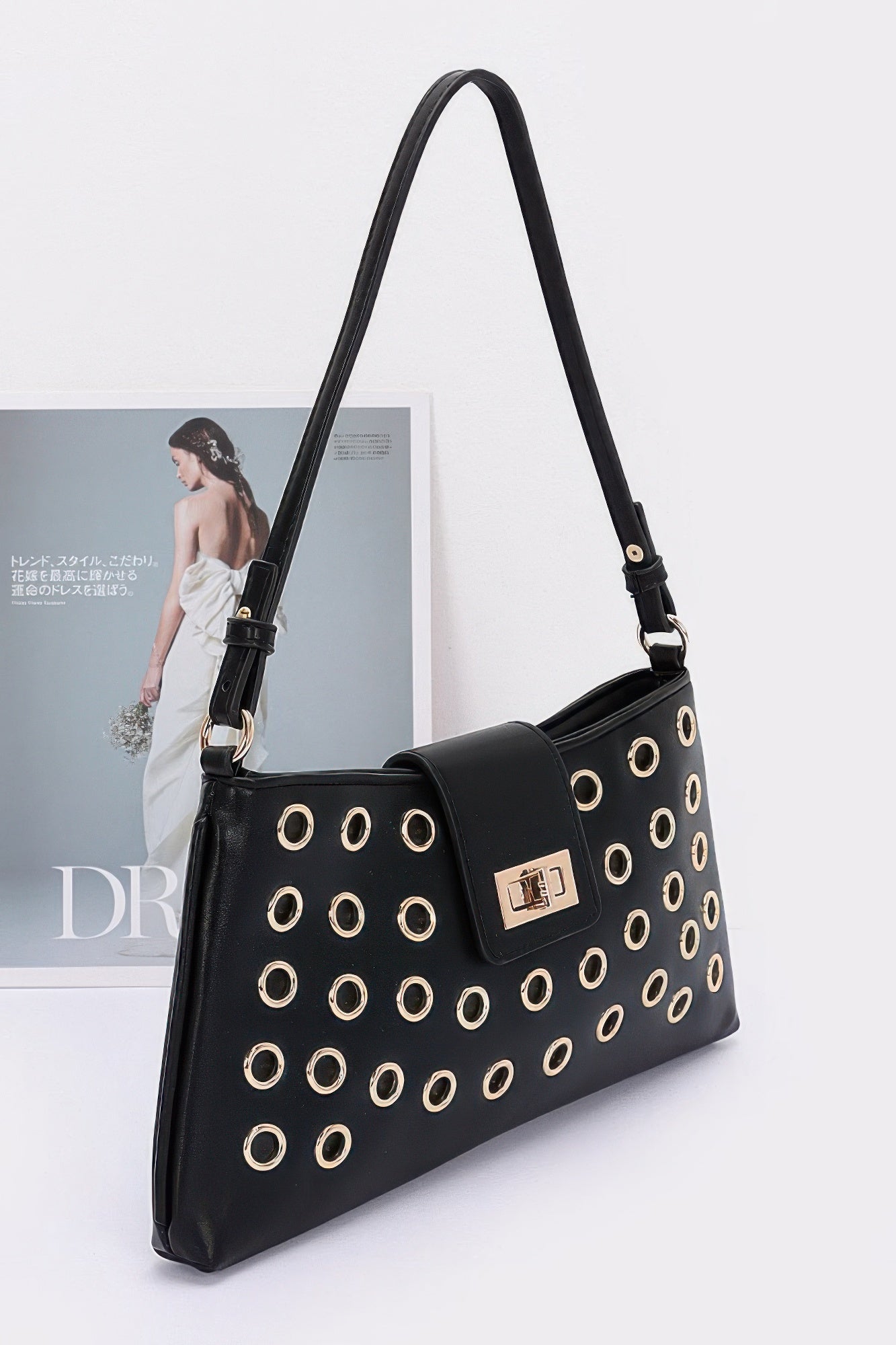 Faux Leather Eyelet Studded Shoulder Bag - Grace Beauty H&C