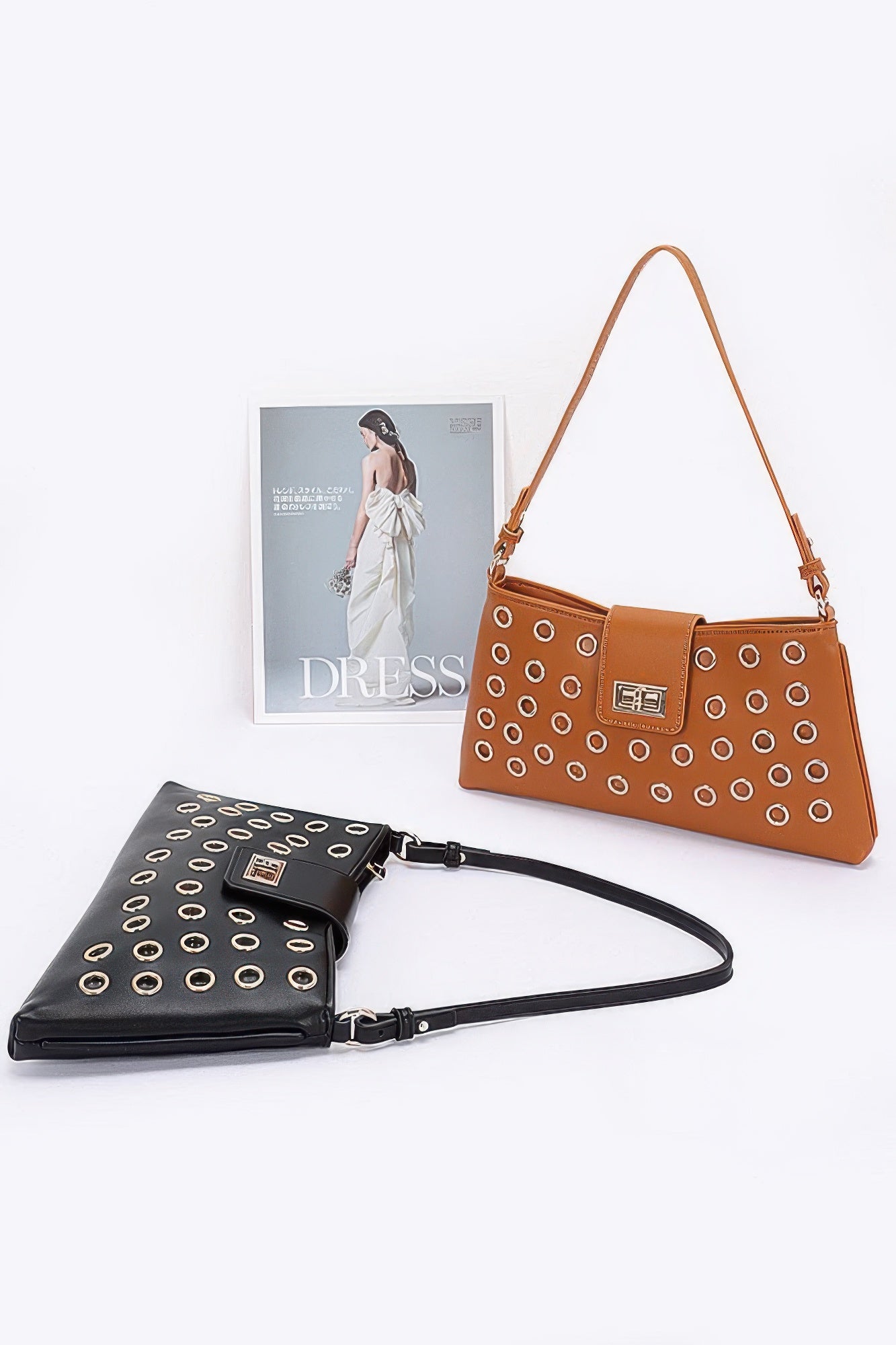 Faux Leather Eyelet Studded Shoulder Bag - Grace Beauty H&C
