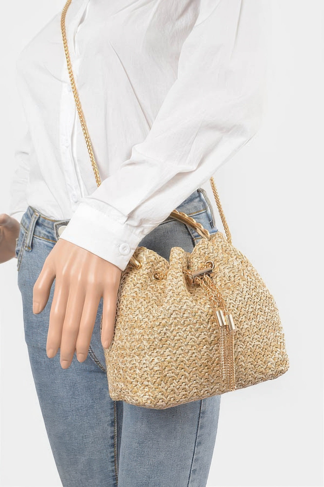 Faux Straw Bucket Bag W/stone Handle - Grace Beauty H&C