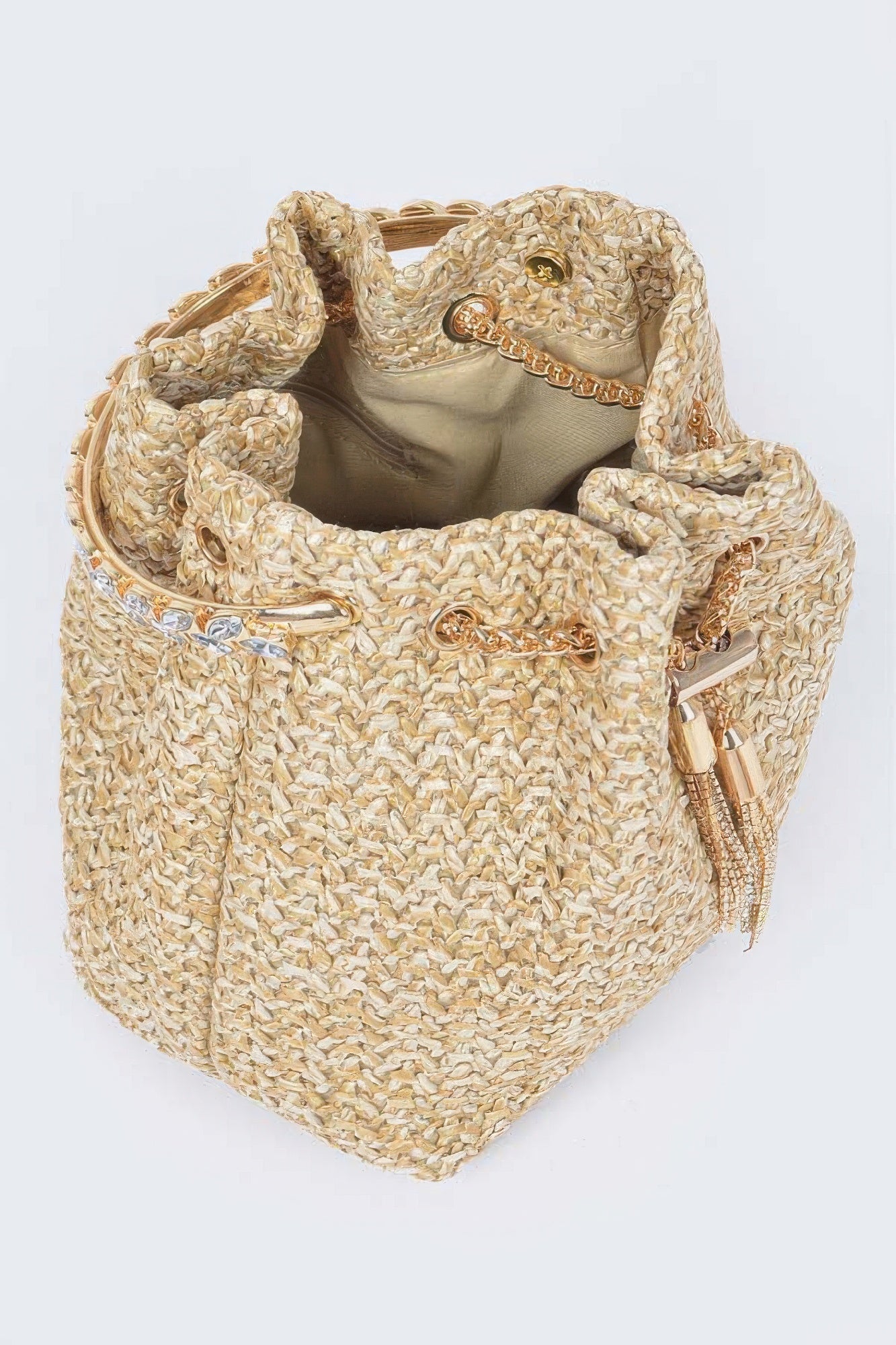 Faux Straw Bucket Bag W/stone Handle - Grace Beauty H&C