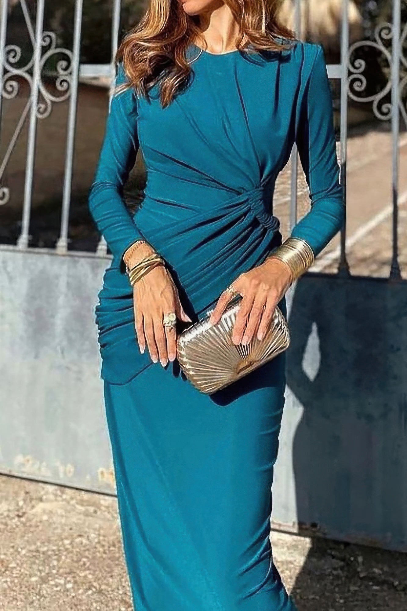 Elegant Round Neck Solid Ruched Wrap Hem Dress - Grace Beauty H&C