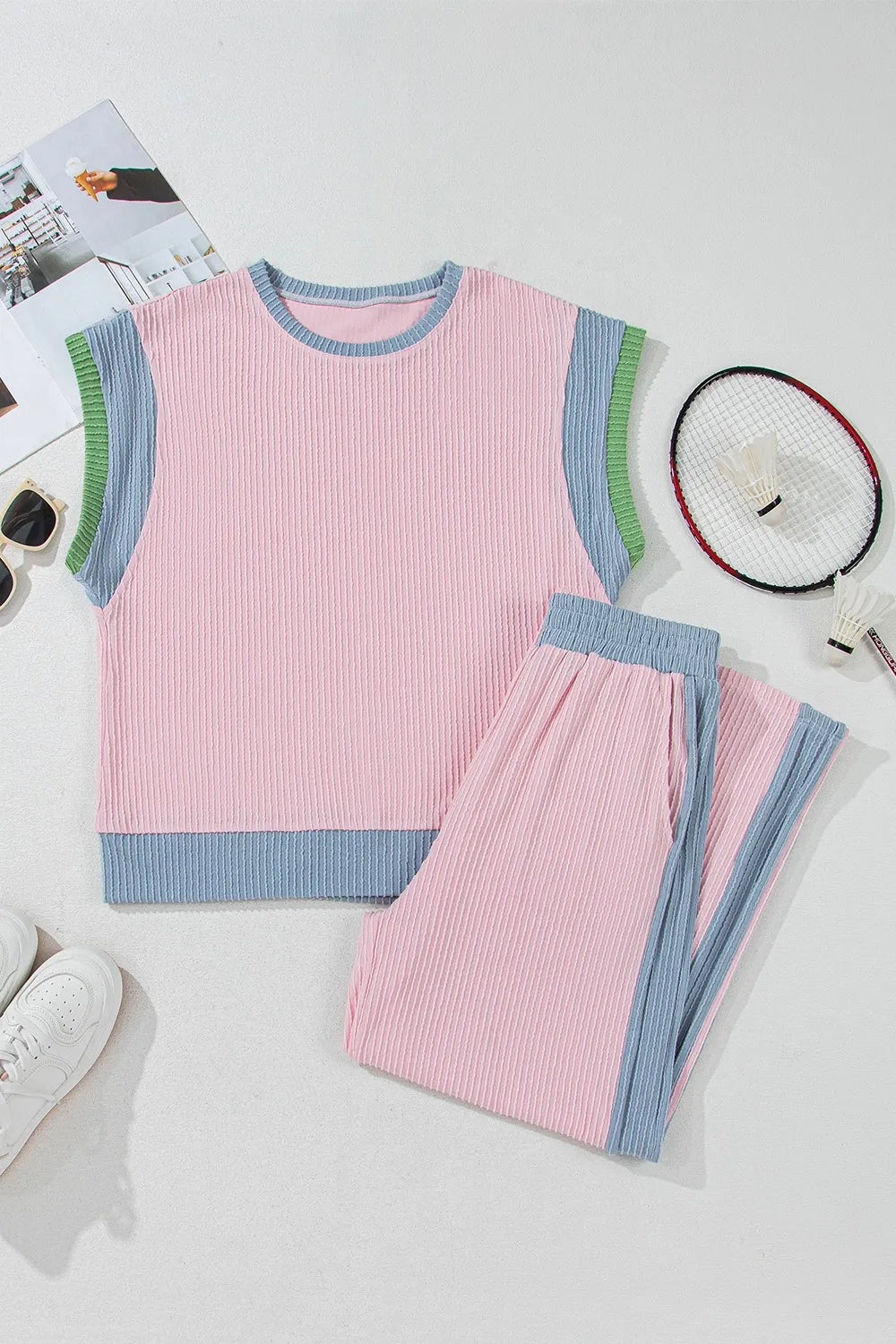 Women’s Contrast Round Neck Top and Pants Set – Stylish Two-Piece Outfit - Grace Beauty H&C