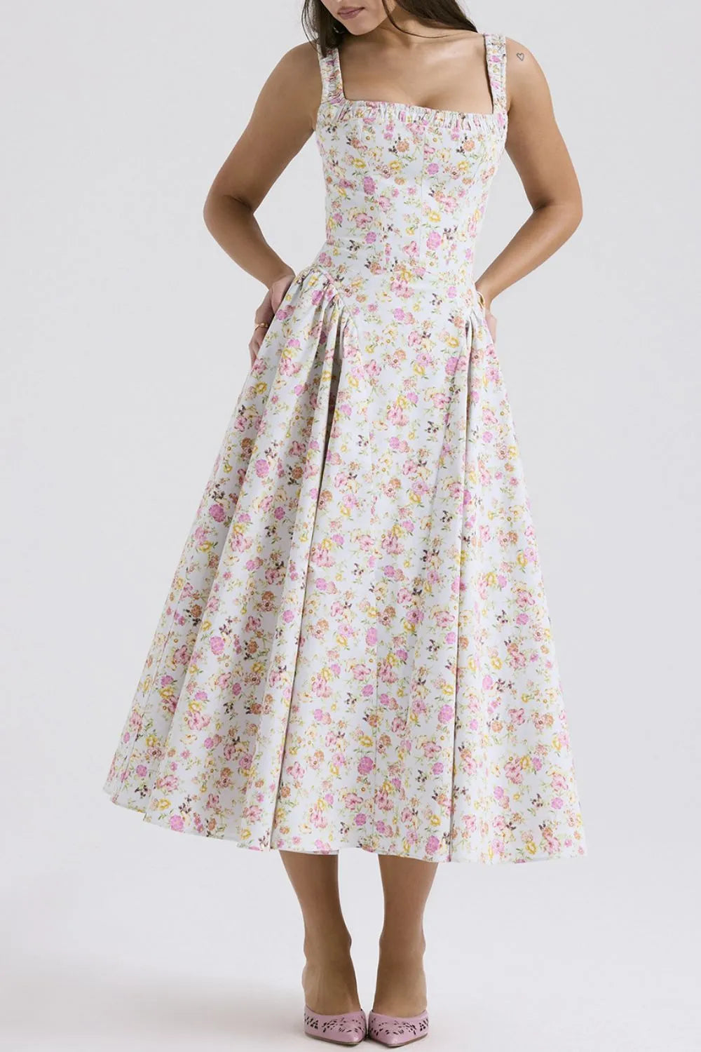 Women’s Floral Square Neck Wide Strap Midi Dress – Casual Summer Dress - Grace Beauty H&C