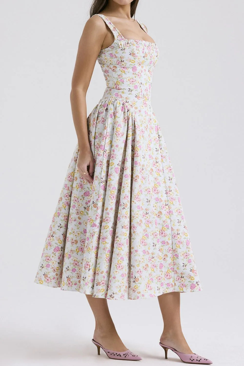 Women’s Floral Square Neck Wide Strap Midi Dress – Casual Summer Dress - Grace Beauty H&C