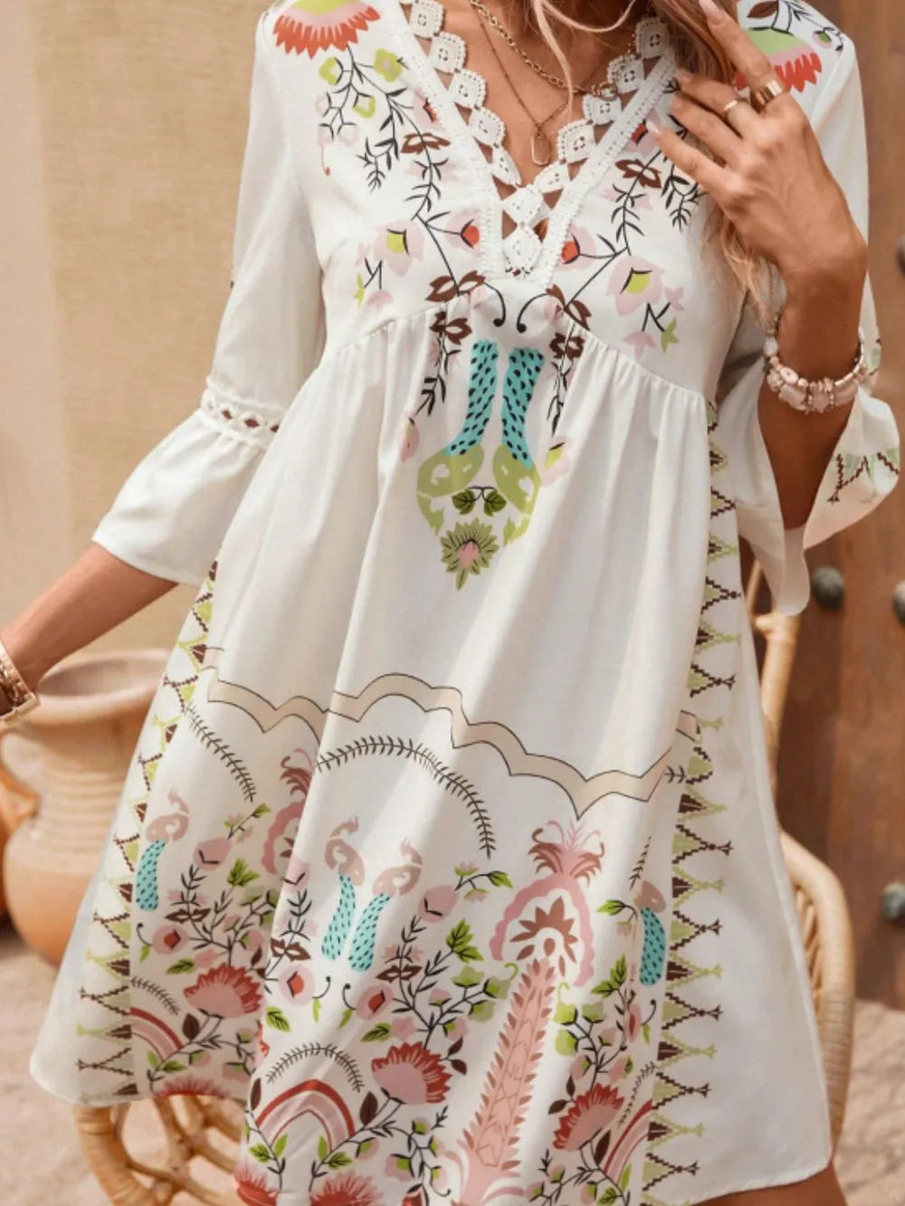 Women's Lace Detail Printed Dress – 3/4 Sleeve Casual Midi - Grace Beauty H&C