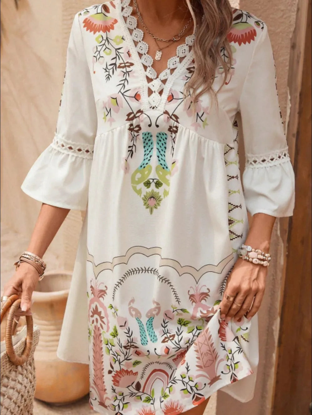 Women's Lace Detail Printed Dress – 3/4 Sleeve Casual Midi - Grace Beauty H&C