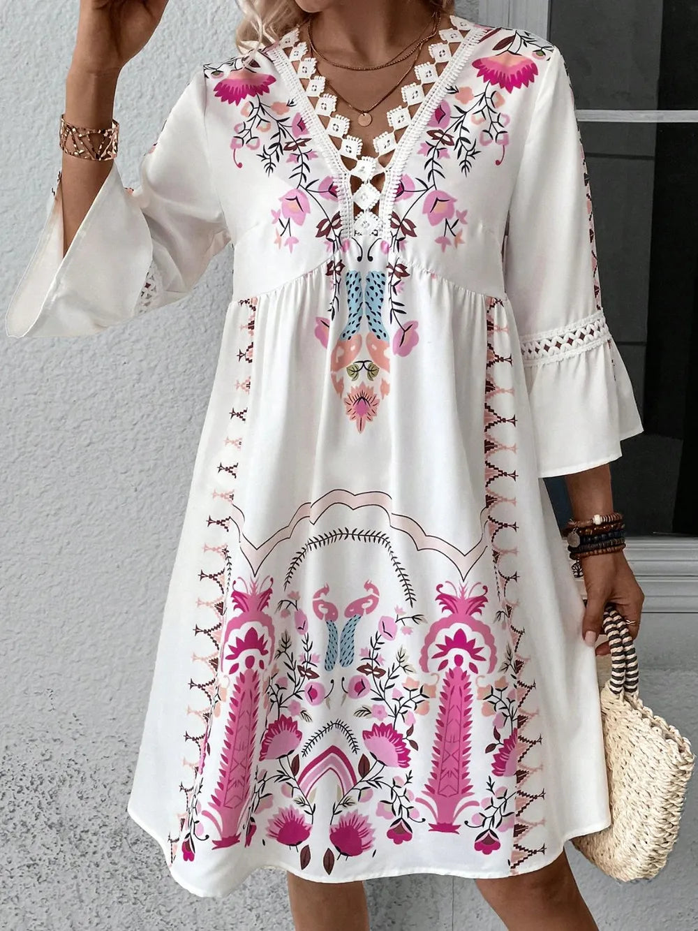 Women's Lace Detail Printed Dress – 3/4 Sleeve Casual Midi - Grace Beauty H&C
