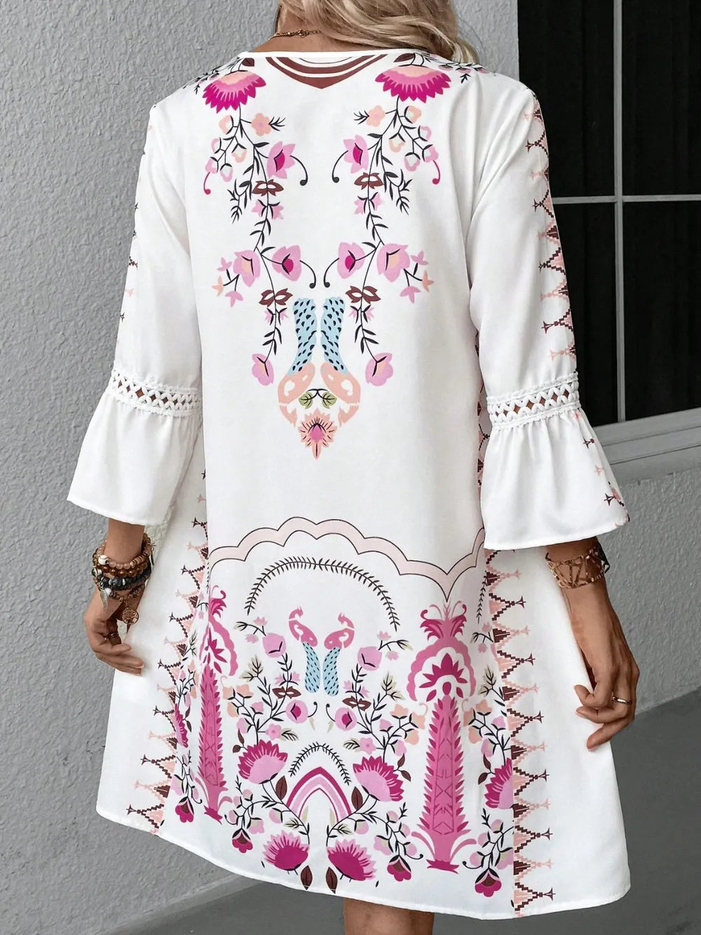 Women's Lace Detail Printed Dress – 3/4 Sleeve Casual Midi - Grace Beauty H&C