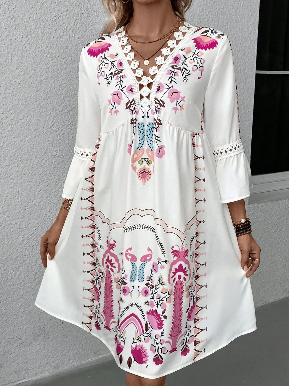 Women's Lace Detail Printed Dress – 3/4 Sleeve Casual Midi - Grace Beauty H&C