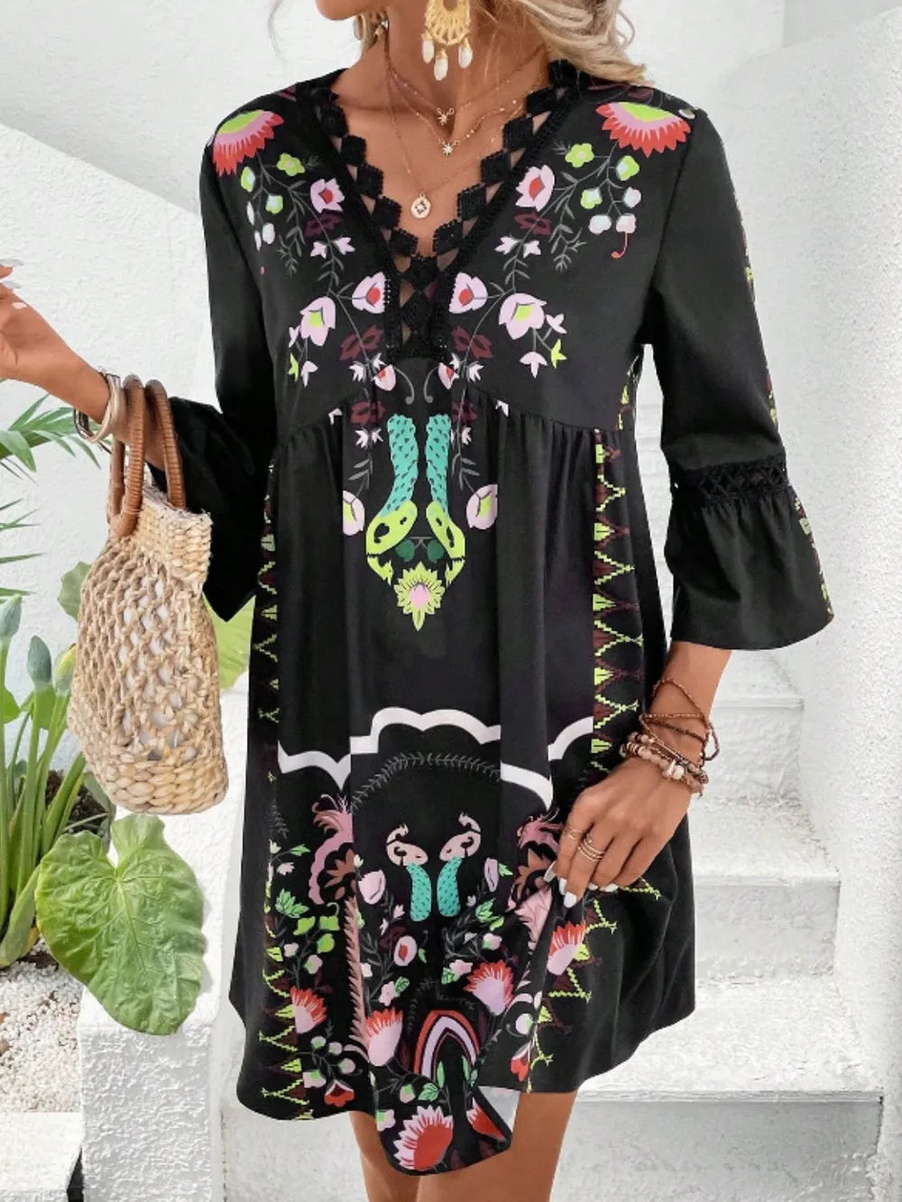 Women's Lace Detail Printed Dress – 3/4 Sleeve Casual Midi - Grace Beauty H&C