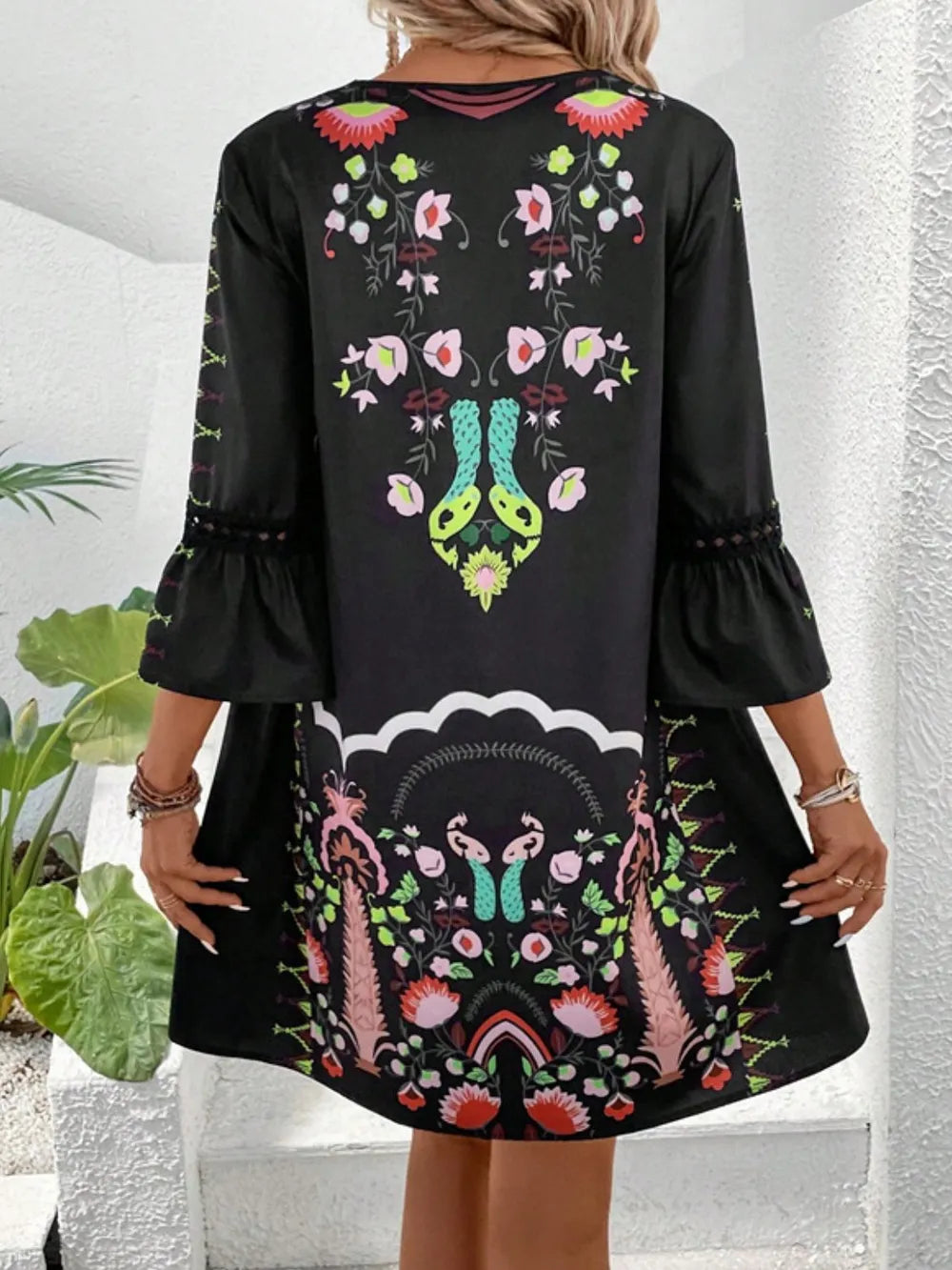 Women's Lace Detail Printed Dress – 3/4 Sleeve Casual Midi - Grace Beauty H&C