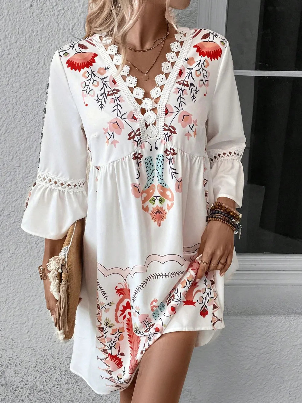 Women's Lace Detail Printed Dress – 3/4 Sleeve Casual Midi - Grace Beauty H&C