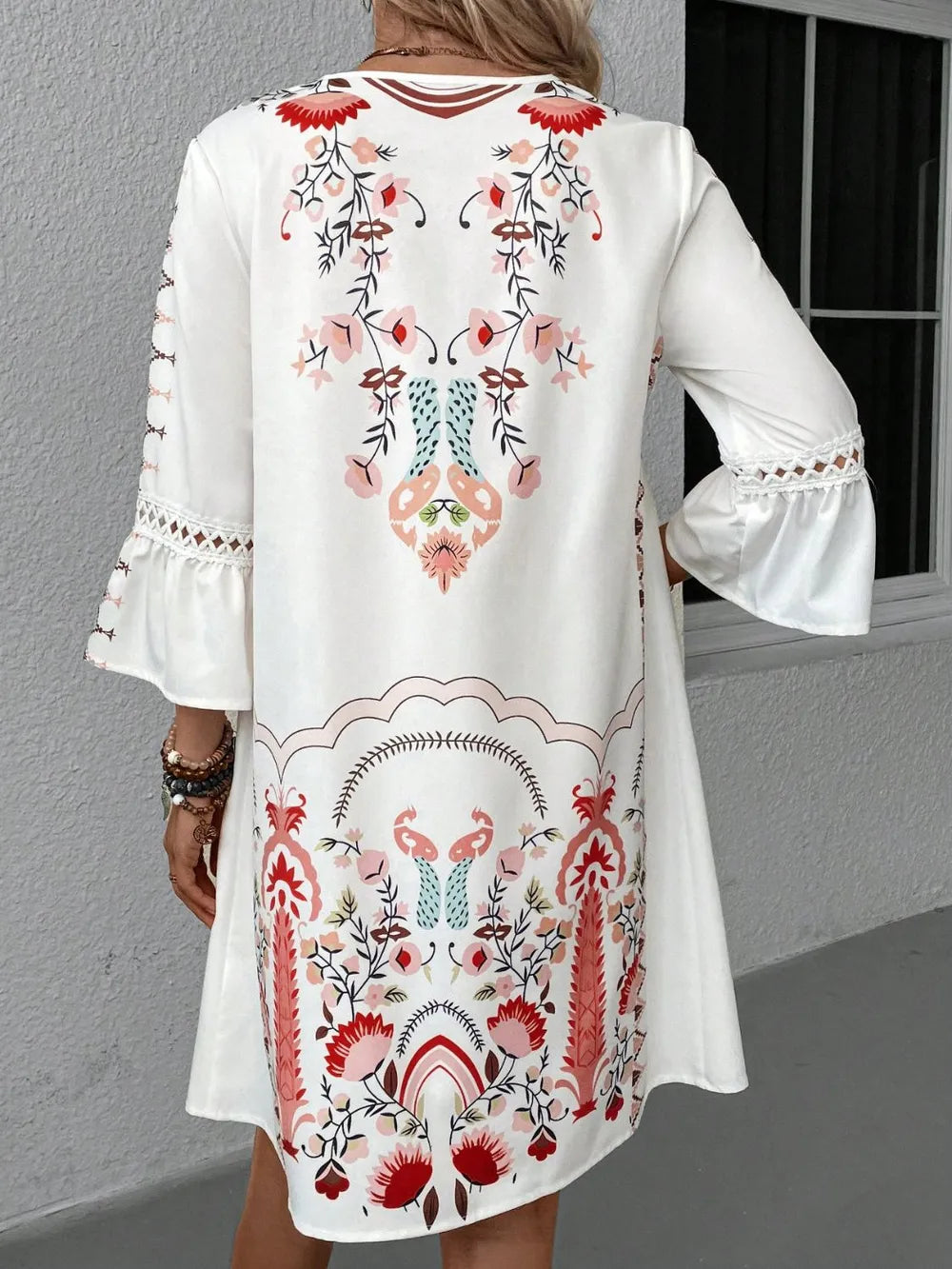 Women's Lace Detail Printed Dress – 3/4 Sleeve Casual Midi - Grace Beauty H&C