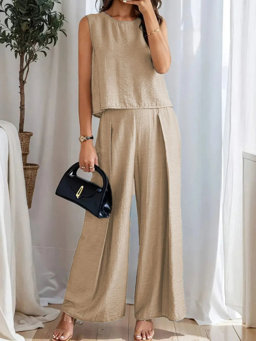 Round Neck Sleeveless Top and Wide Leg Pants Set - Grace Beauty H&C