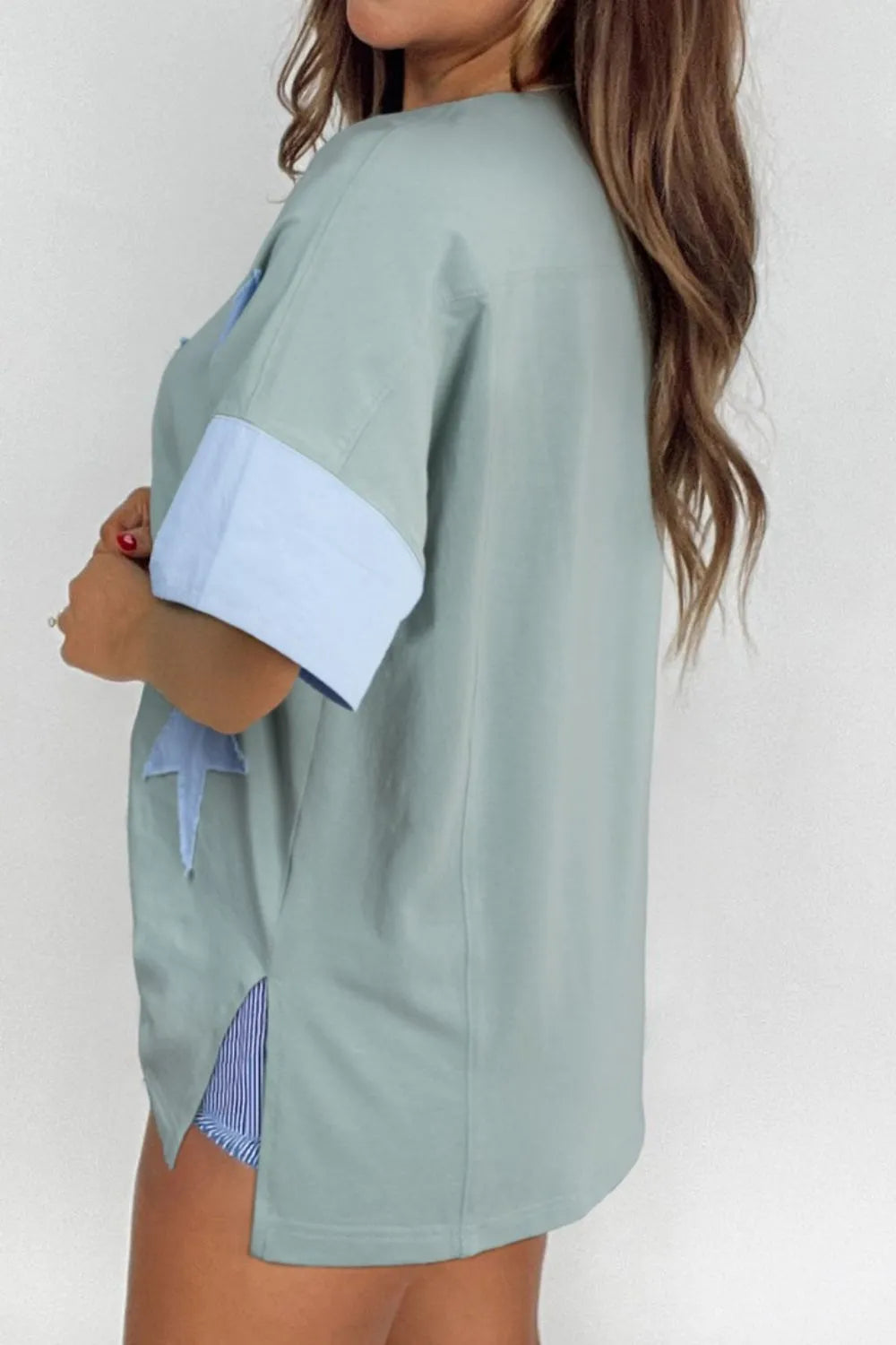Frayed Denim Star Patched Oversize T Shirt - Grace Beauty H&C