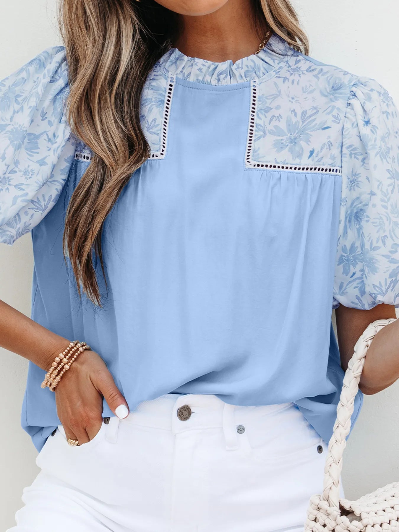 Lace Insert Floral Puff Sleeve Patchwork Loose Blouse - Grace Beauty H&C