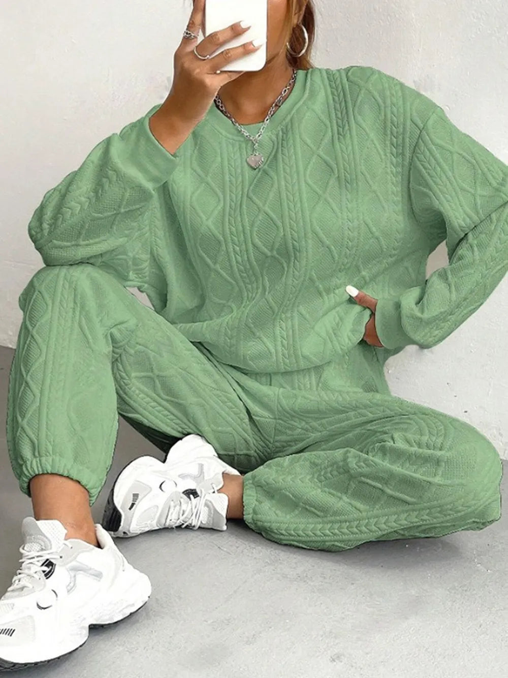 Texture Round Neck Top and Pants Set - Grace Beauty H&C