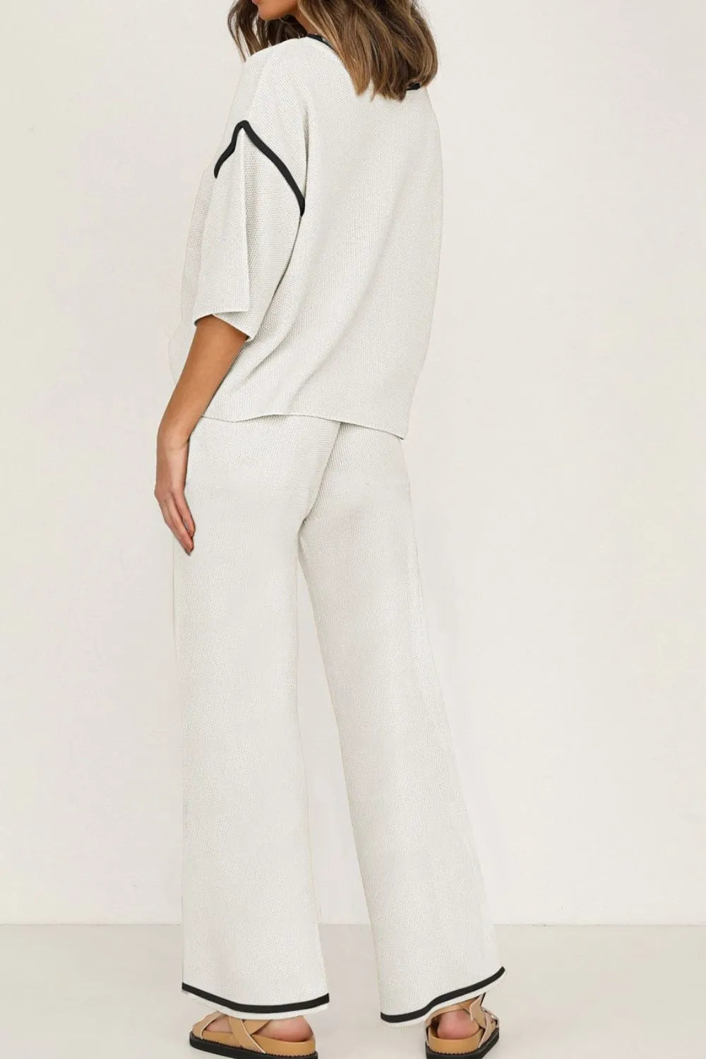 Contrast Trim Round Neck Top and Pants Set - Grace Beauty H&C