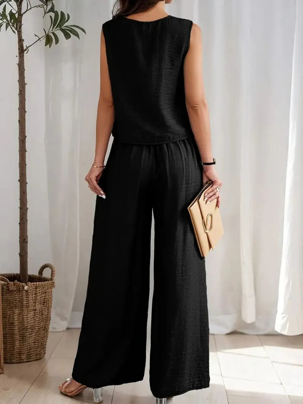 Round Neck Sleeveless Top and Wide Leg Pants Set - Grace Beauty H&C