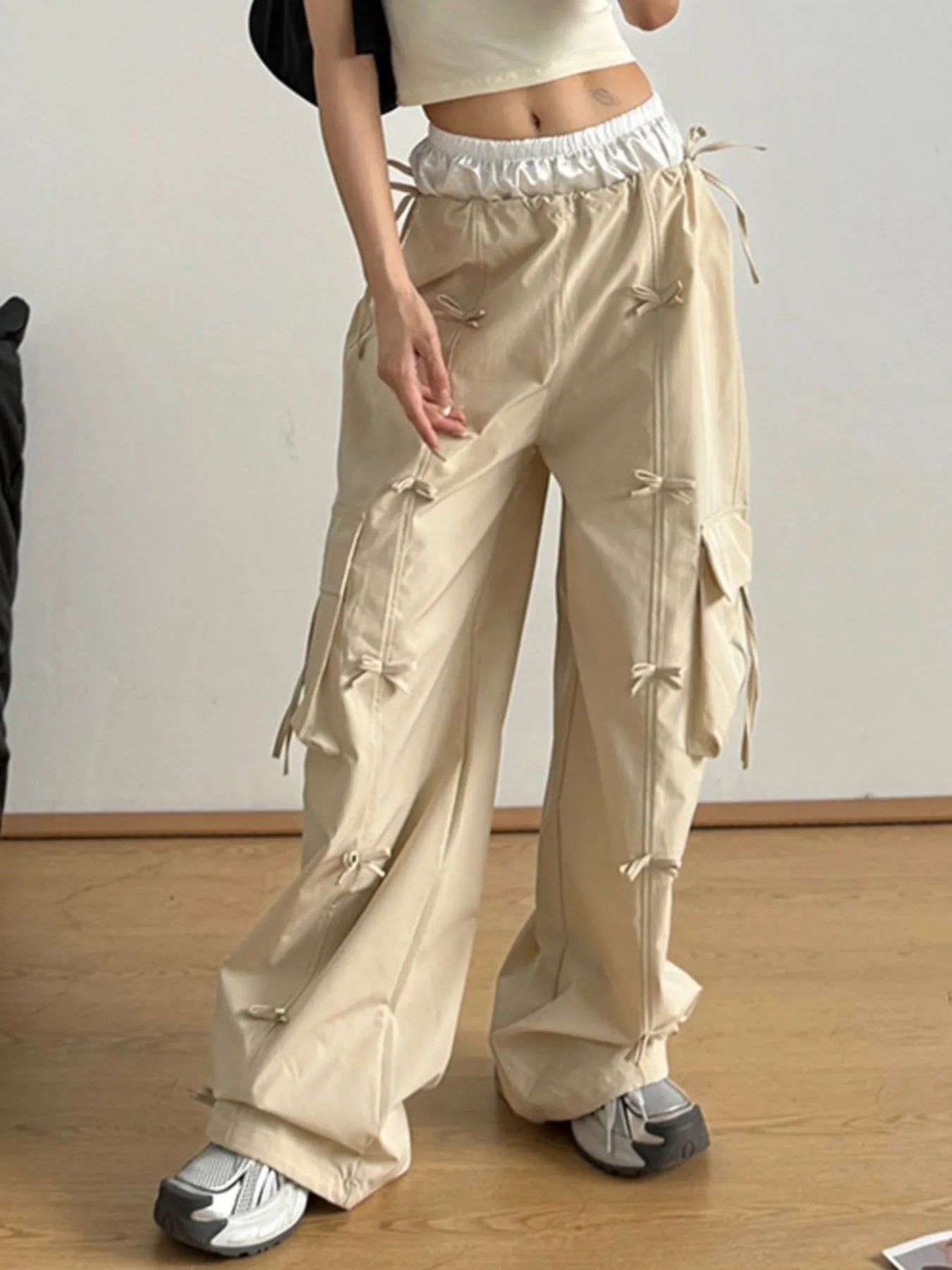 Bow Elastic Waist Cargo Pants - Grace Beauty H&C