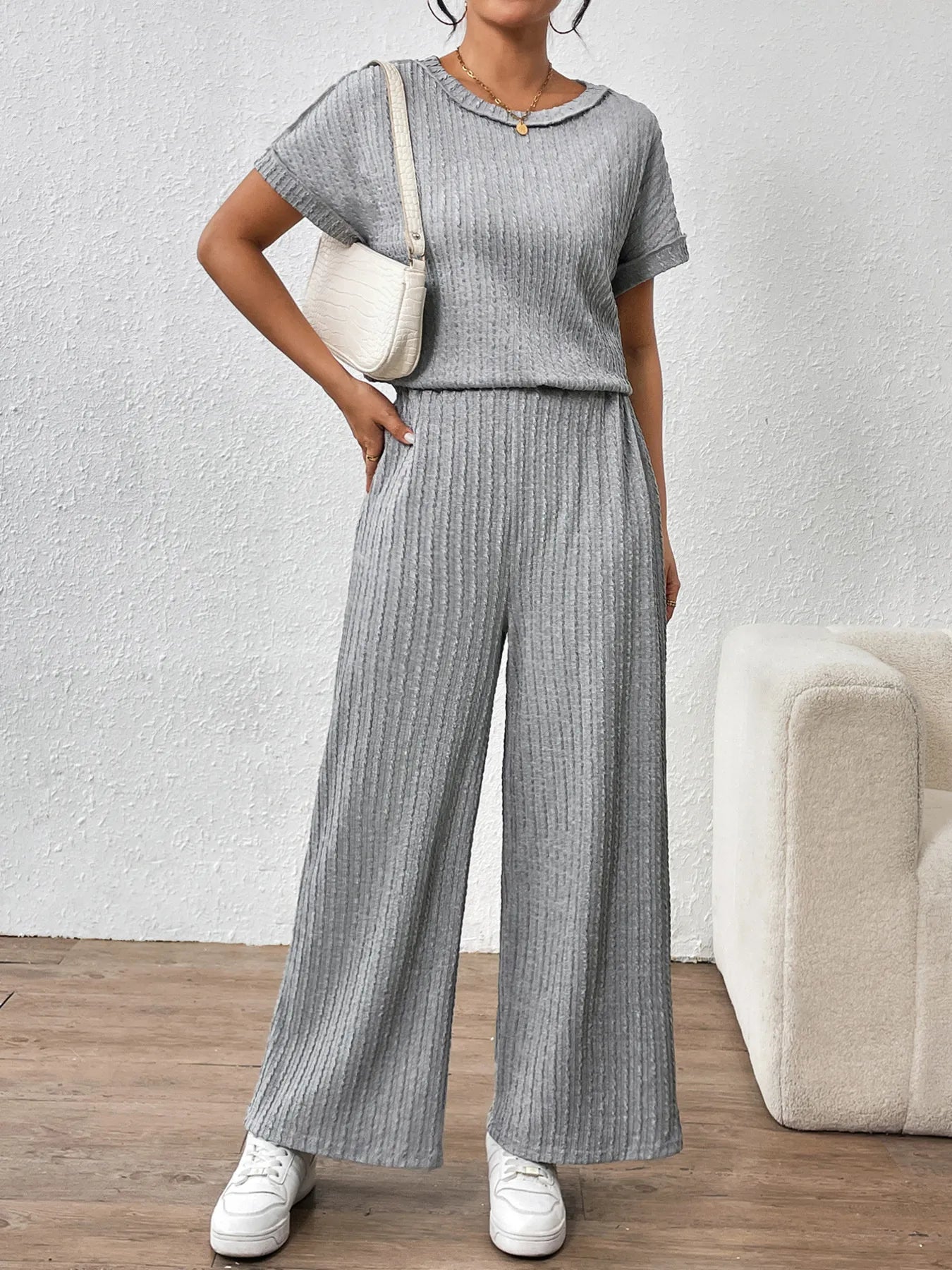Round Neck Short Sleeve Top and Pants Set - Grace Beauty H&C