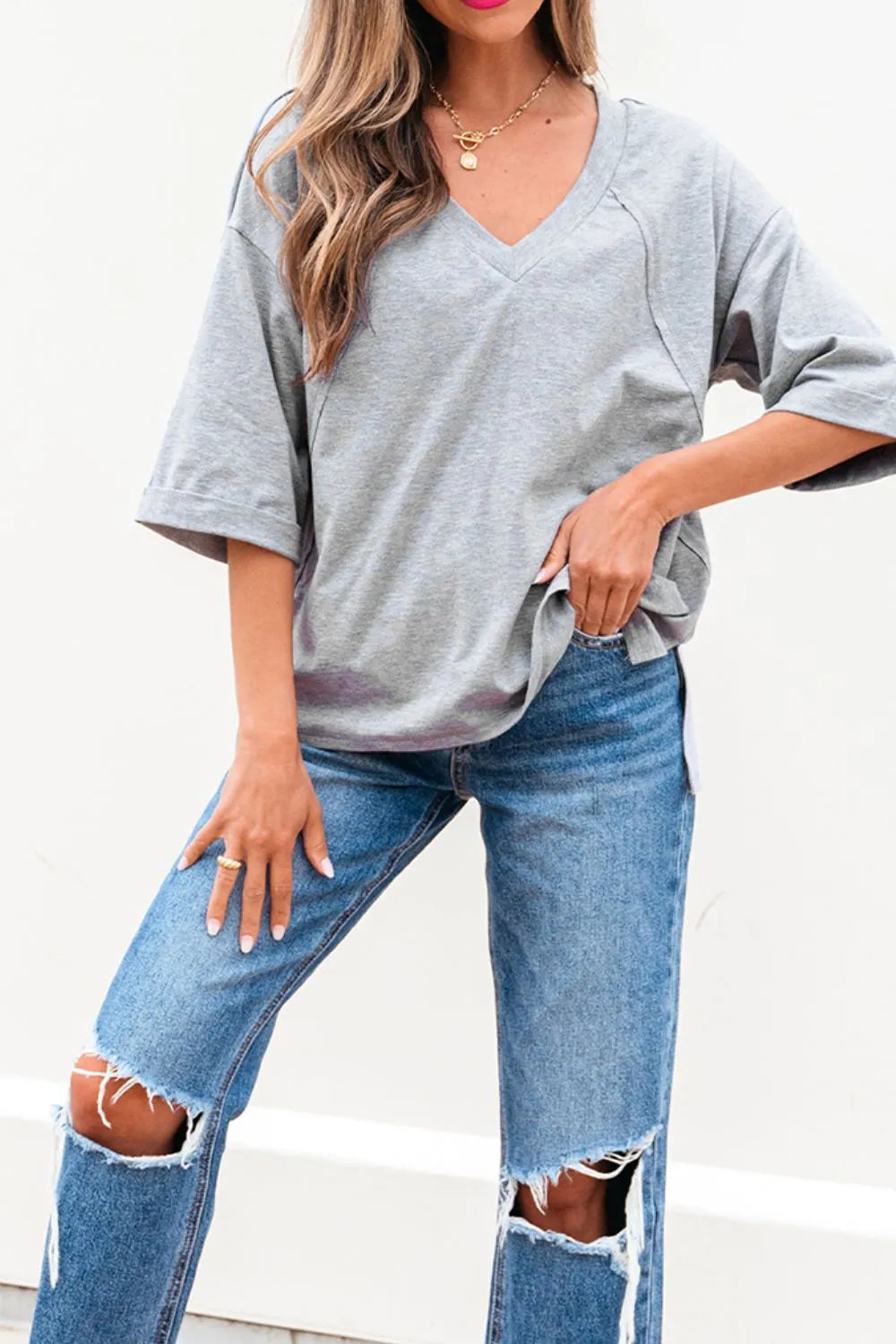 High Raglan Half Sleeve V Neck Oversized T Shirt - Grace Beauty H&C