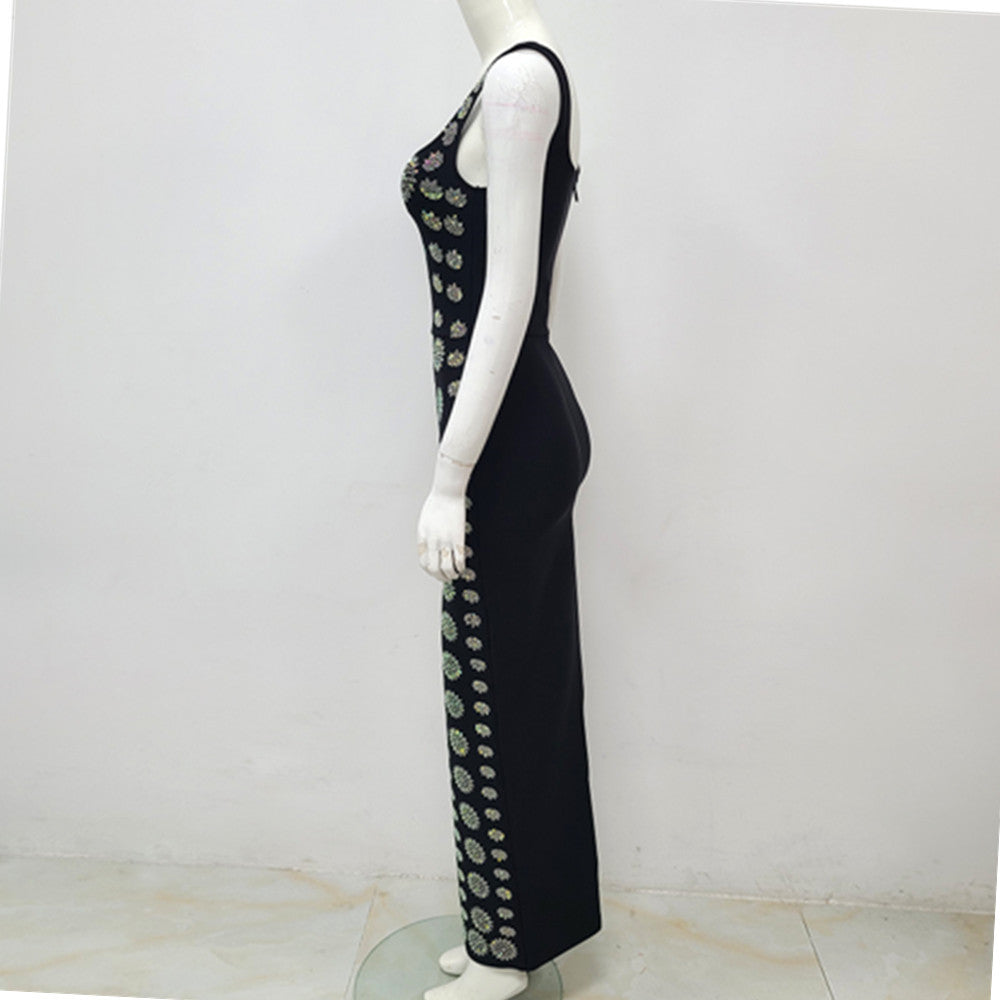 Black Sleeveless U-neck Rhinestone Elegant Slim Bandage DressEvening Dress - Grace Beauty H&C