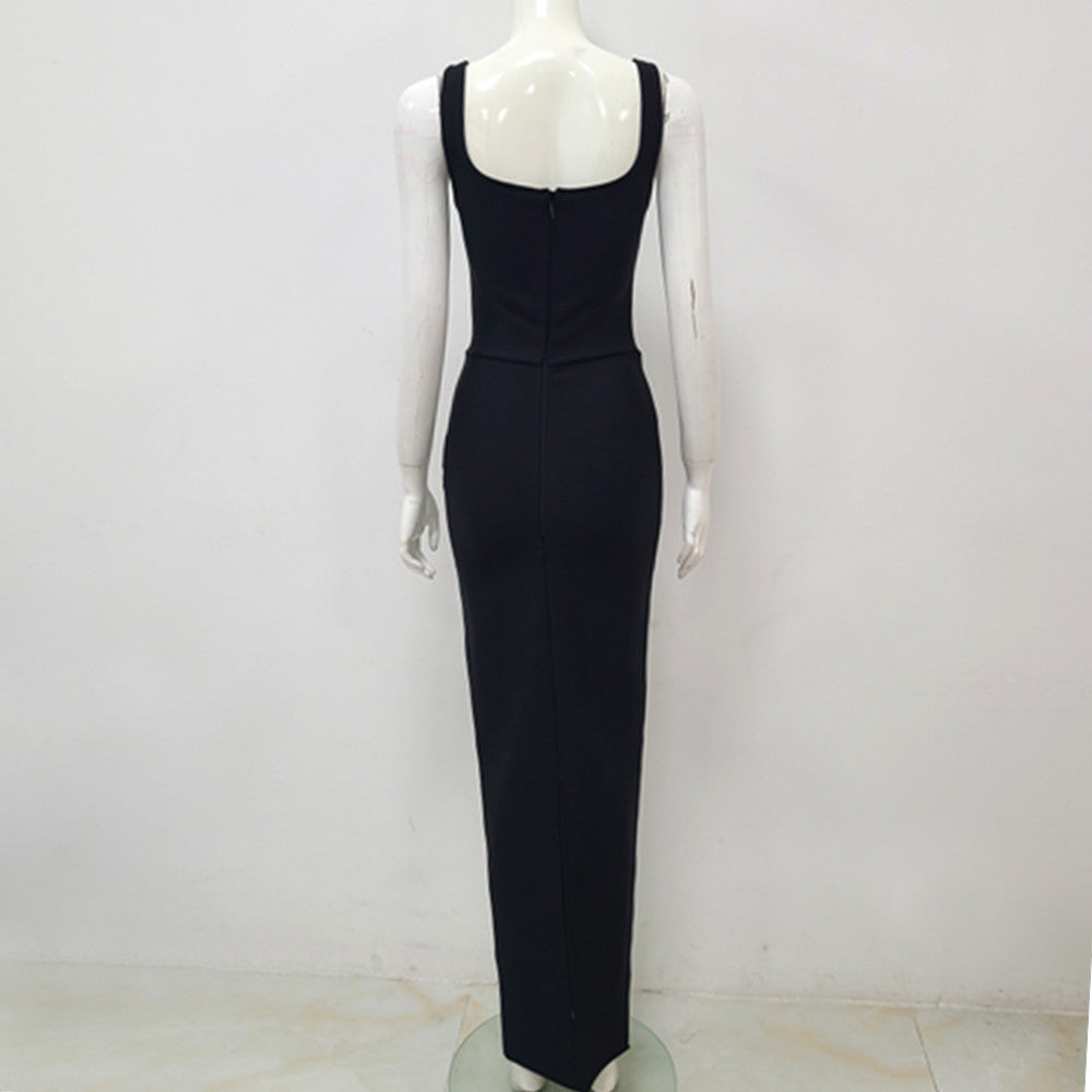 Black Sleeveless U-neck Rhinestone Elegant Slim Bandage DressEvening Dress - Grace Beauty H&C