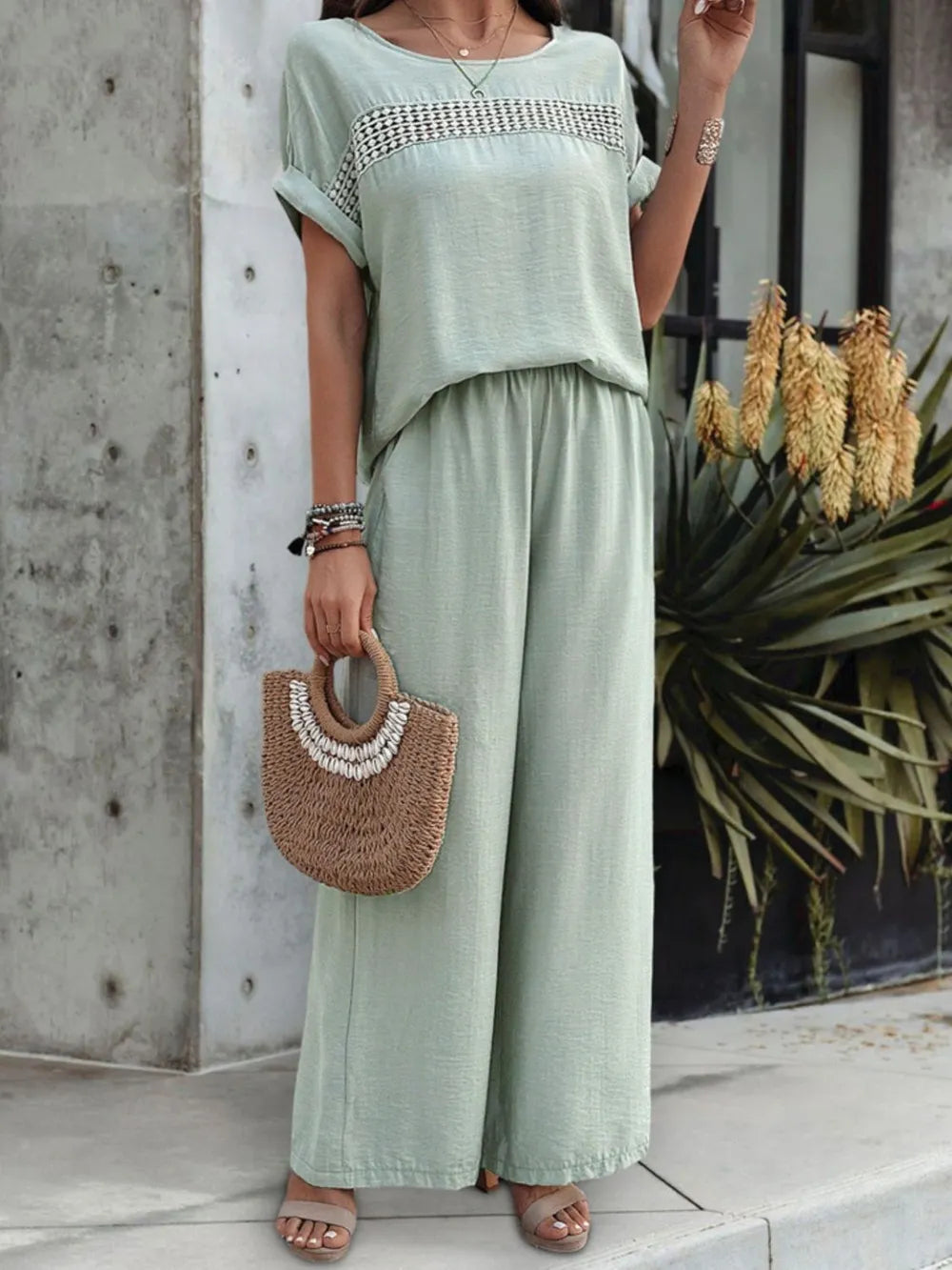 Round Neck Short Sleeve Top and Pants Set - Grace Beauty H&C