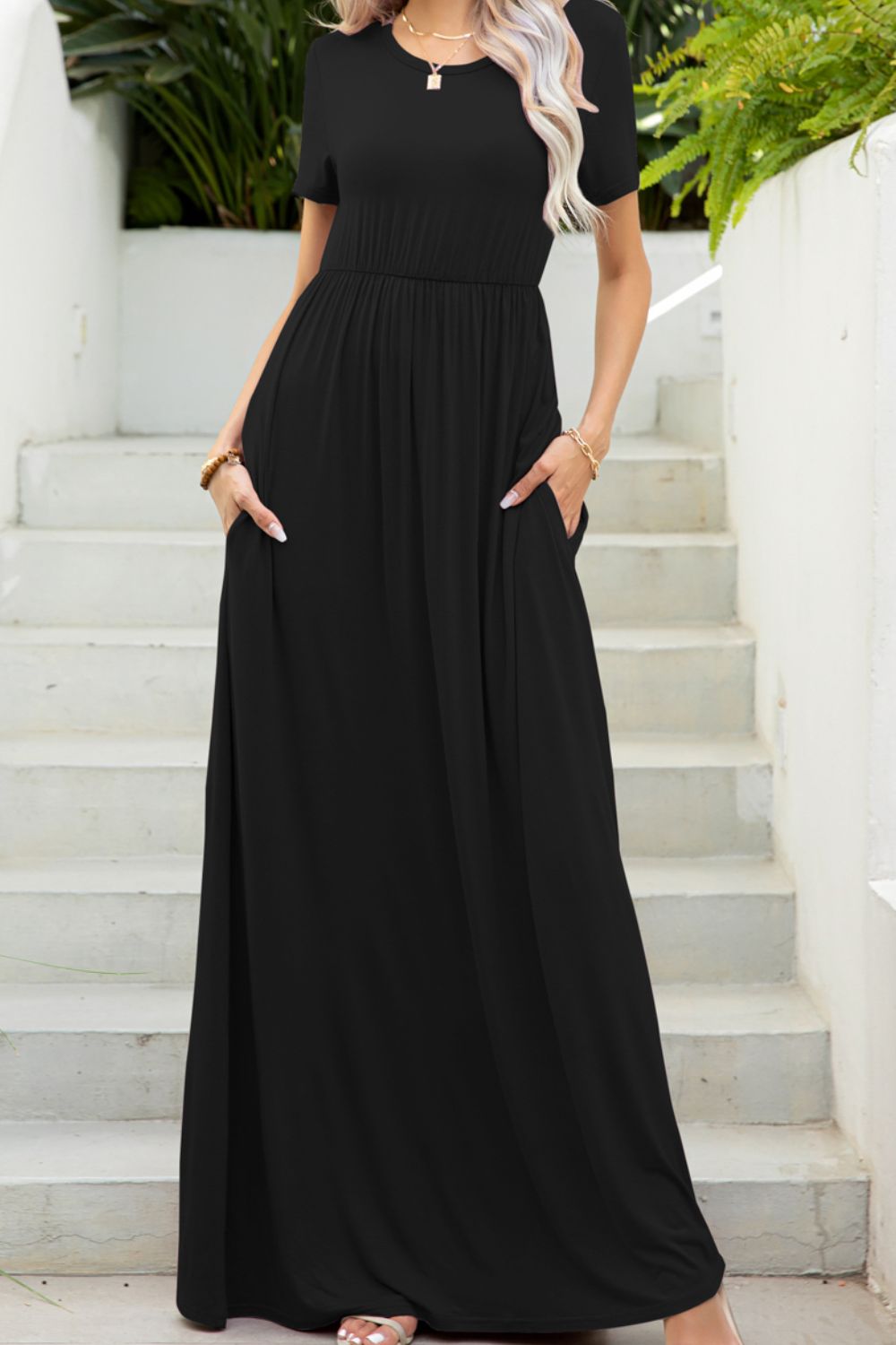 Round Neck Maxi Tee Dress with Pockets - Grace Beauty H&C