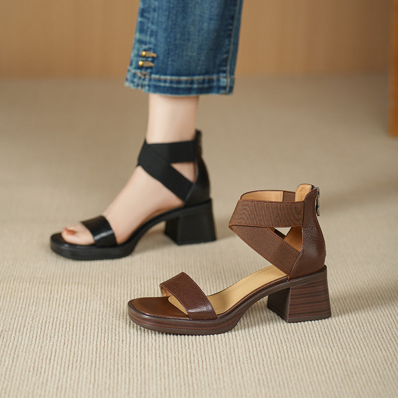 Leather thick-heeled one-strap sandals, high-heeled anti-platform thick-soled sandals, women's shoes, retro style soft soles - Grace Beauty H&C