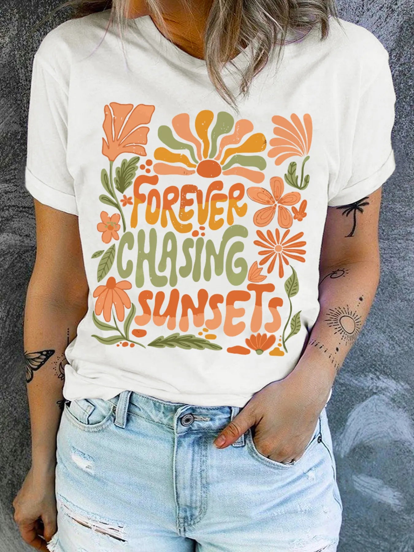 FOREVER CHASING SUNSETS Round Neck T Shirt - Grace Beauty H&C
