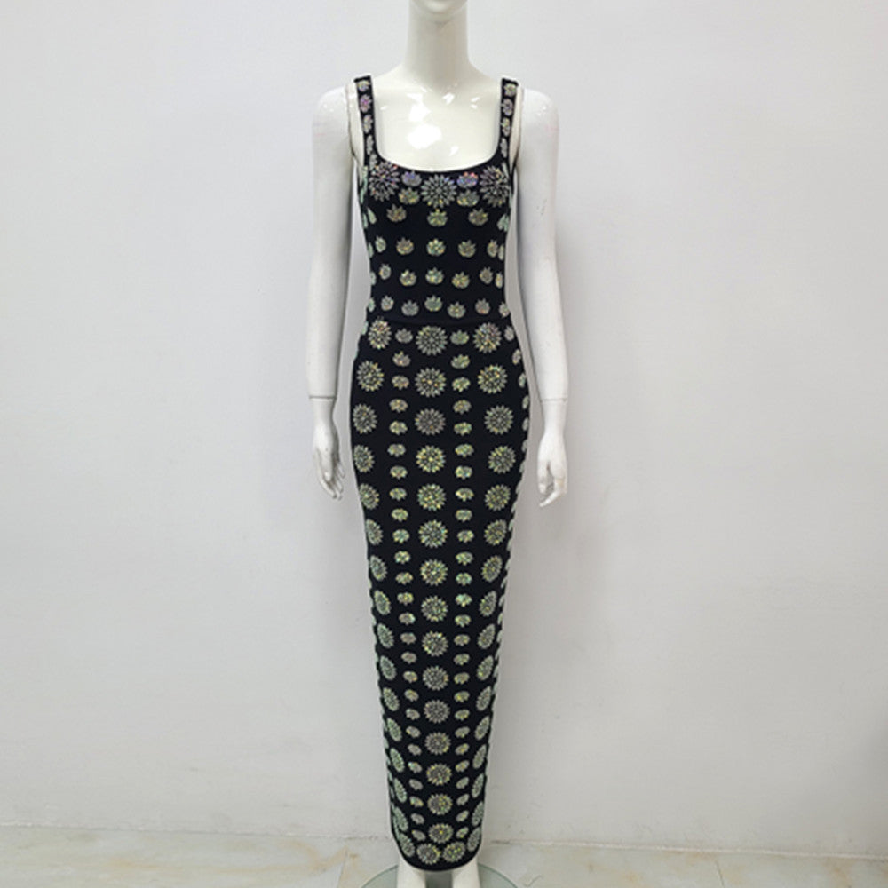 Black Sleeveless U-neck Rhinestone Elegant Slim Bandage DressEvening Dress - Grace Beauty H&C