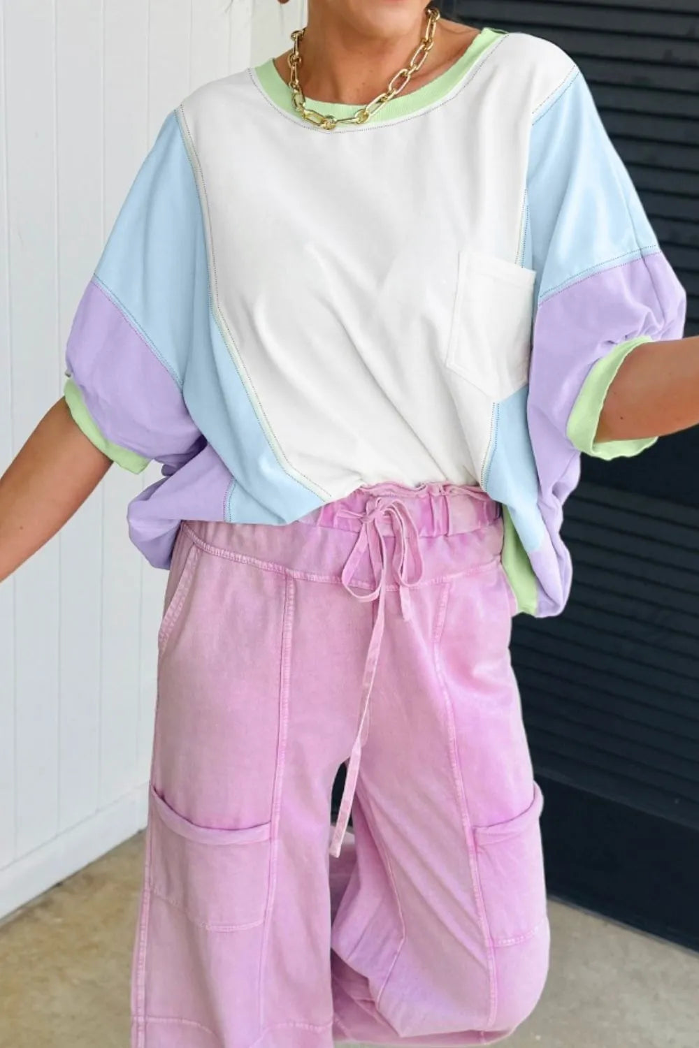 Color Block Patchwork Half Sleeve Oversized T Shirt - Grace Beauty H&C