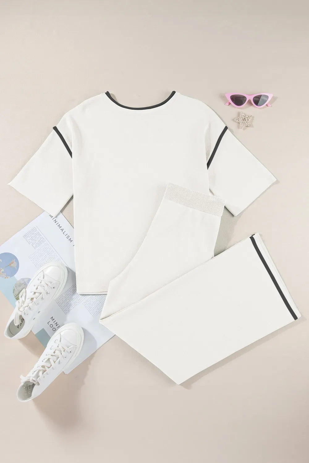 Contrast Trim Round Neck Top and Pants Set - Grace Beauty H&C