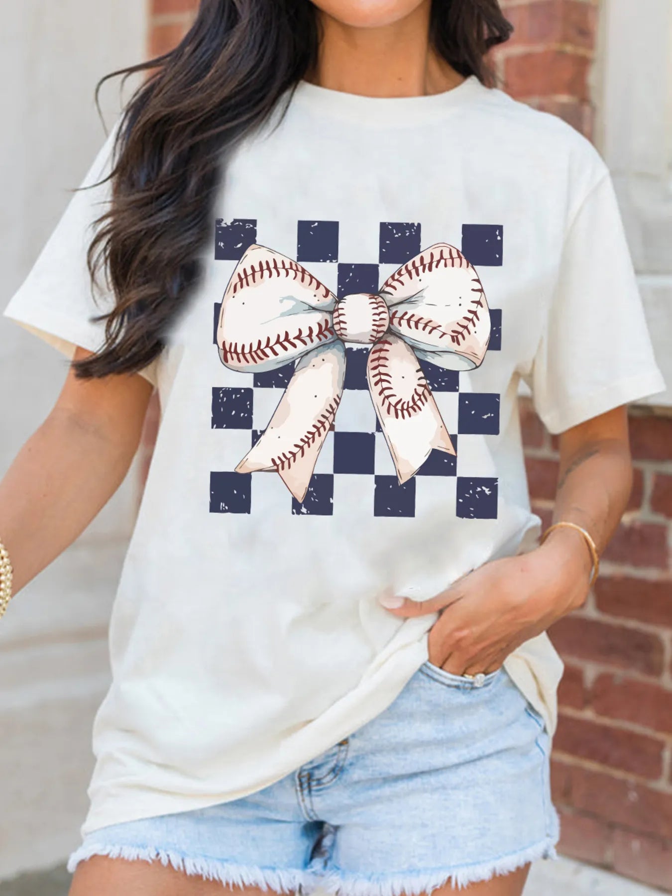 Checkered Bowknot Graphic Crew Neck T Shirt - Grace Beauty H&C