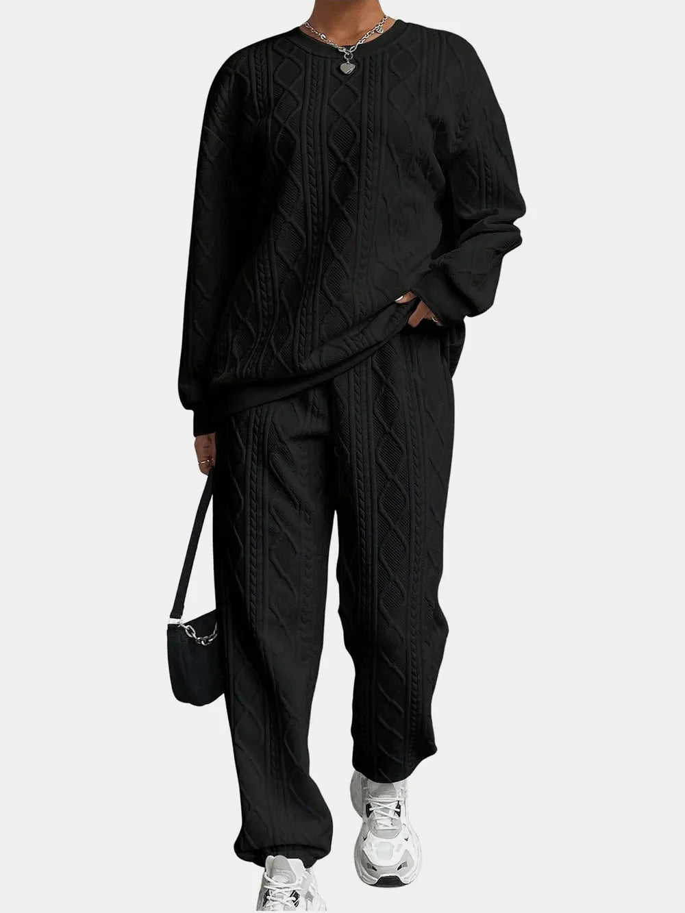 Texture Round Neck Top and Pants Set - Grace Beauty H&C