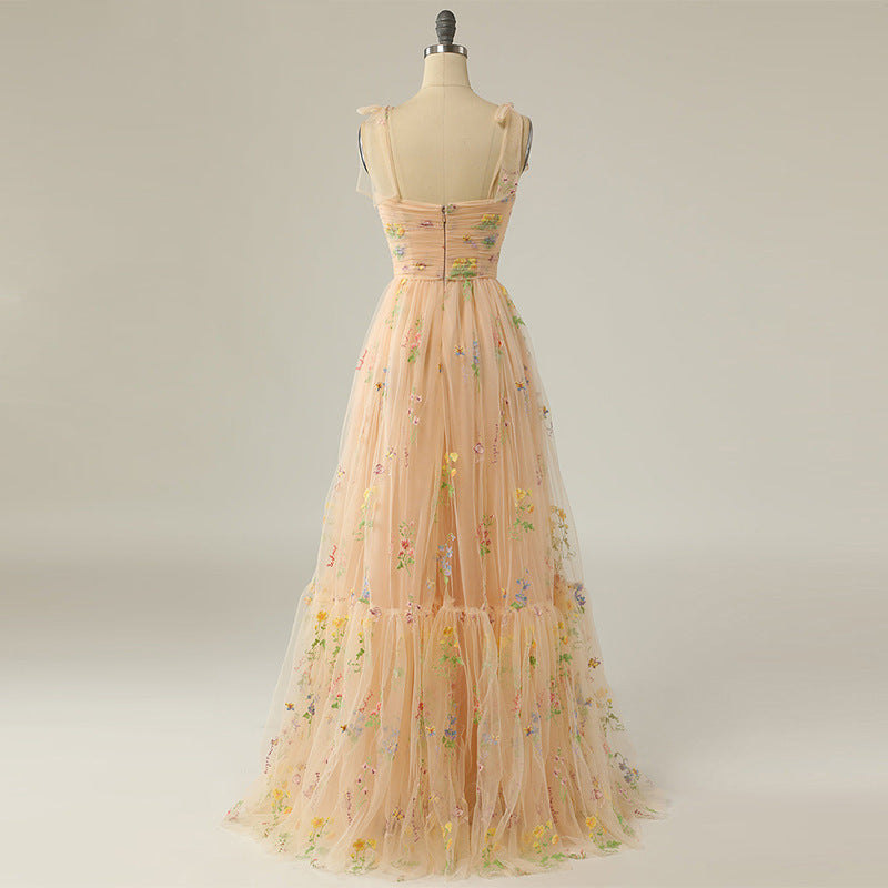 Long Niche Strap Embroidered Heavy Work Floral Dress - Grace Beauty H&C