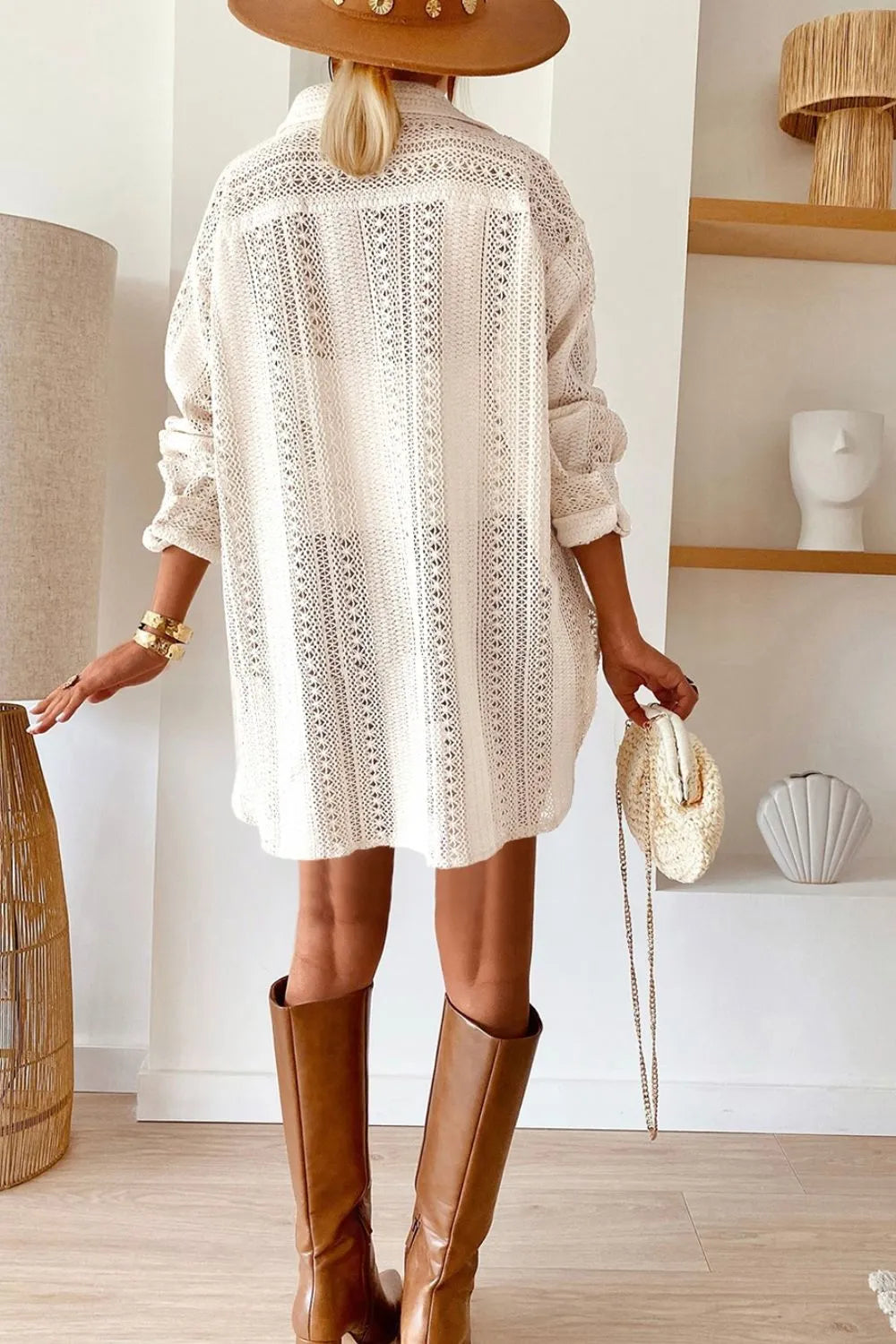 Lace Crochet Collared Neck Oversized Shirt - Grace Beauty H&C