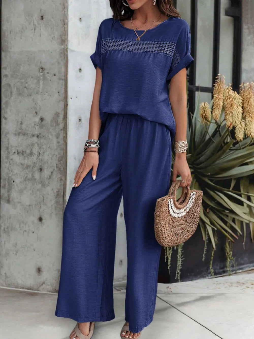 Round Neck Short Sleeve Top and Pants Set - Grace Beauty H&C